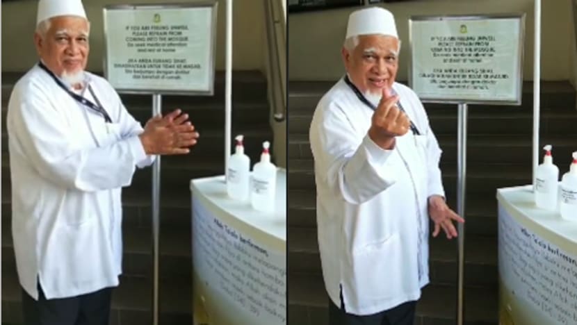 Video Pak Haji Abu Masjid Jamiyah Ar-Rabitah tunjuk cara guna pembasmi kuman tambat hati netizen; akhiri rutin dengan isyarat istimewa