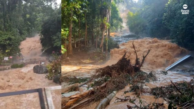 受金马仑豪雨影响爆山洪 侵袭打巴两瀑布场面骇人