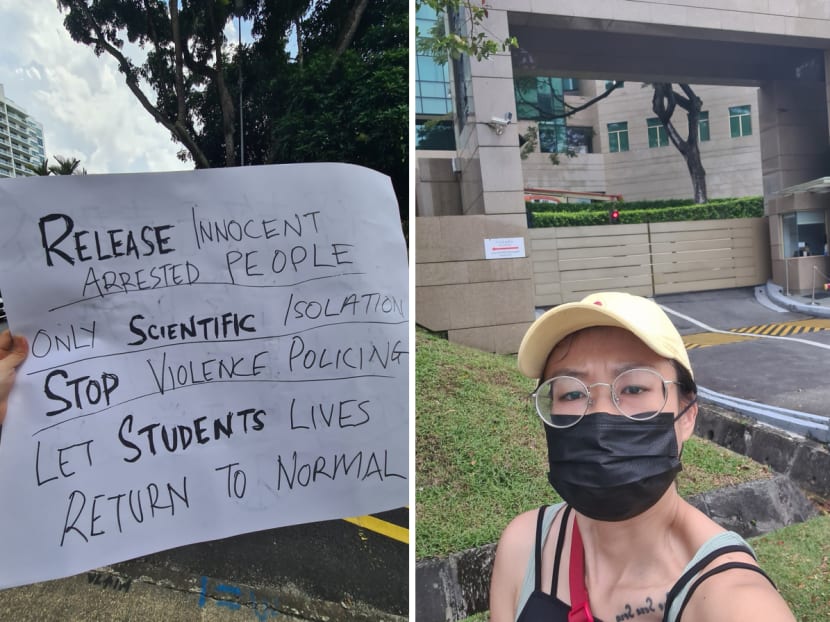 Twitter user @kellymilkies posted these pictures of herself outside the Chinese embassy in Singapore on Nov 28, 2022. Twitter user @kellymilkies posted these pictures of herself outside the Chinese embassy in Singapore on Nov 28, 2022.