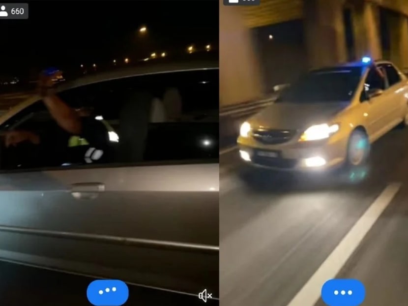 The video clip showed the front passenger wearing a police vest, holding a blue beacon light and giving a hand signal for the group to stop.