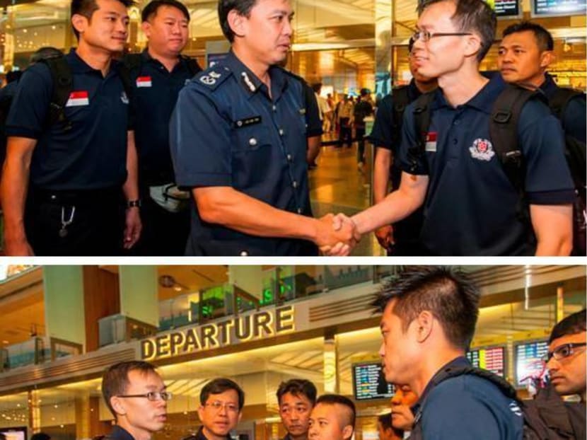 A team of nine officers from the Singapore Police Force (SPF) and one forensic pathologist from the Health Sciences Authority departed for Nepal at 9.10am today (May 1). Photo: Singapore Police Force