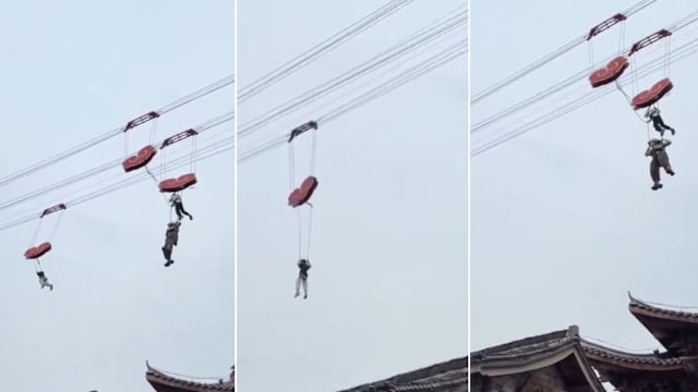 中国景区“飞天索道”故障　一家三口高空被困获救