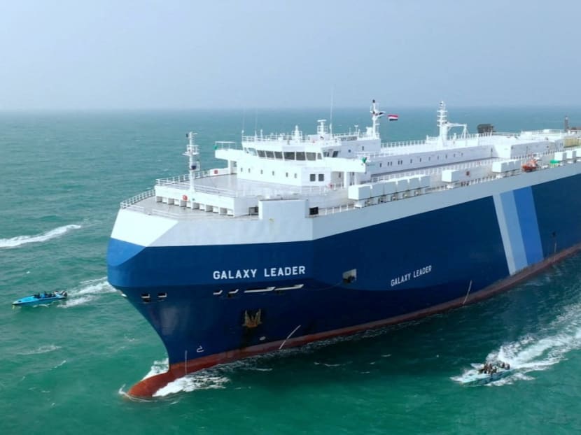 The Galaxy Leader cargo ship is escorted by Houthi boats in the Red Sea in this photo released on Nov 20, 2023 by Houthi Military Media.
The Galaxy Leader cargo ship is escorted by Houthi boats in the Red Sea in this photo released on Nov 20, 2023 by Houthi Military Media.