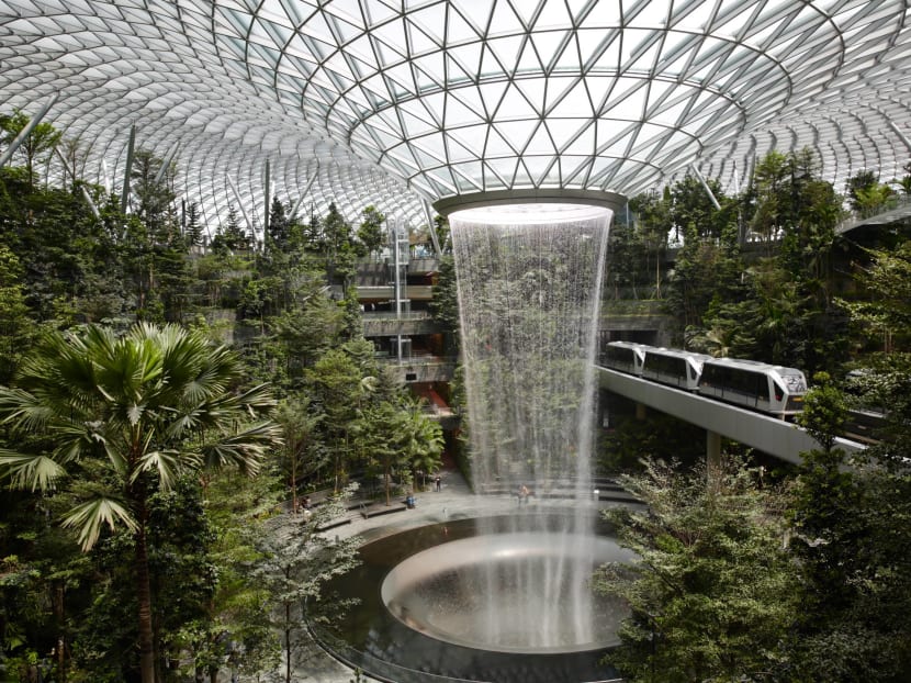 The 40m high Rain Vortex, located inside Jewel Changi Airport in Singapore, is the world's tallest indoor waterfall. The 40m high Rain Vortex, located inside Jewel Changi Airport in Singapore, is the world's tallest indoor waterfall.
