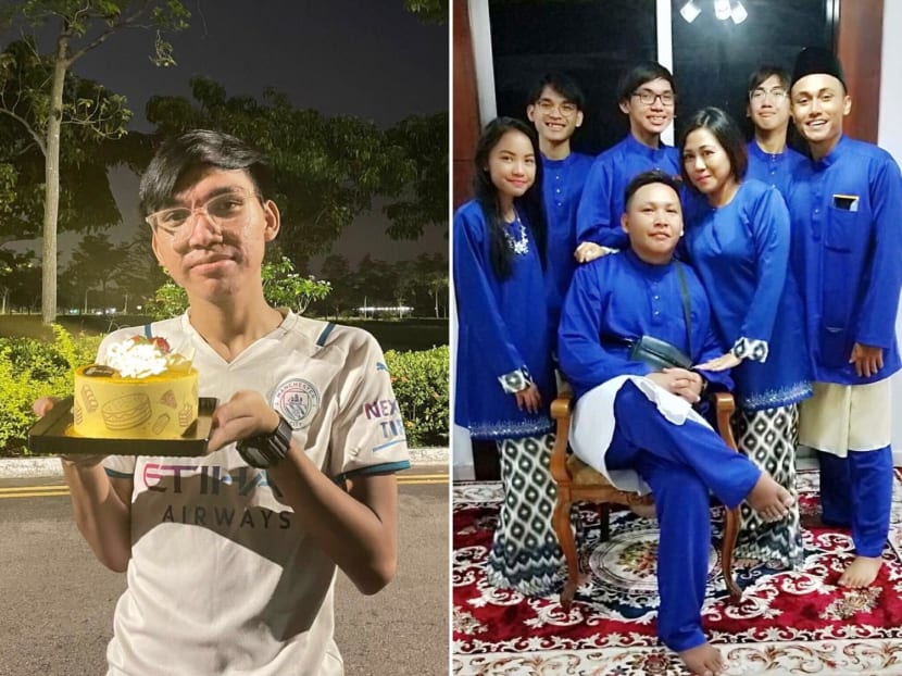 Mr Muhammad Alif Rykell Shah (left) is in now in the intensive care unit after an accident at Gambas Avenue, which killed another motorcyclist. Madam Sarah Widjaya (third from right in the family photo) posted on Facebook on Wednesday about her son's condition.