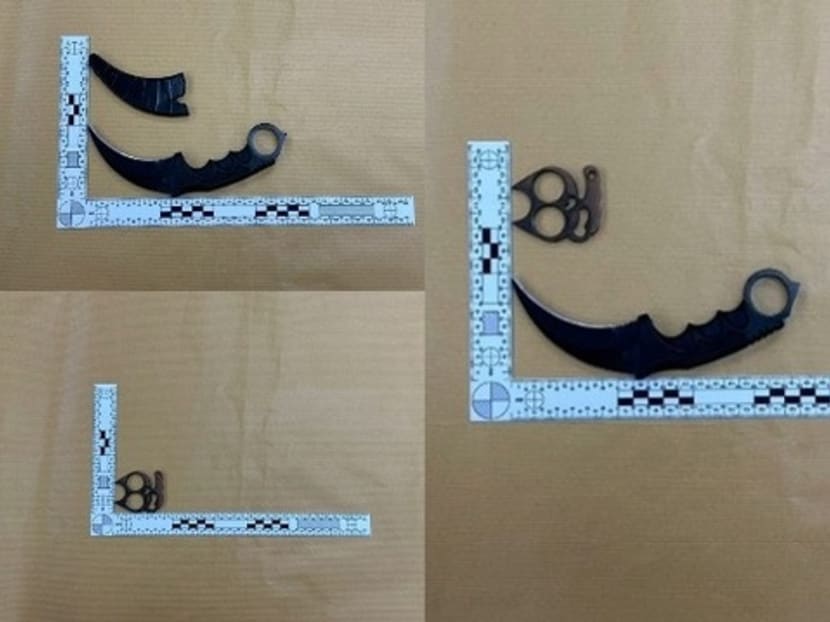 The items seized by the police in the case of a man who will be charged with possession of an offensive and scheduled weapon on Aug 31, 2023.