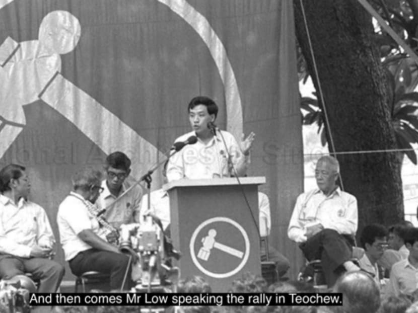 A scene in a documentary showing Mr Low Thia Khiang speaking at a podium and campaigning for the Workers' Party. A scene in a documentary showing Mr Low Thia Khiang speaking at a podium and campaigning for the Workers' Party.