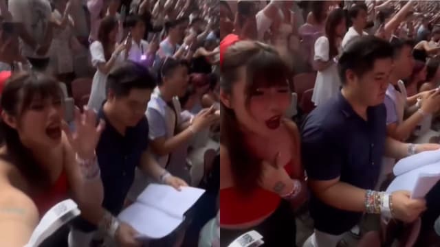 不是歌迷却愿陪女友看表演 男子捧一叠歌词“小抄”跟唱