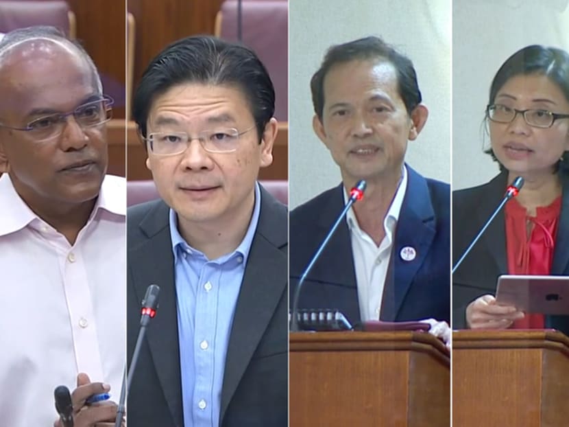 (Left to right) Law and Home Affairs Minister K Shanmugam, Finance Minister Lawrence Wong and Non-Constituency Members of Parliament Leong Mun Wai and Hazel Poa in Parliament on Sept 14, 2021. (Left to right) Law and Home Affairs Minister K Shanmugam, Finance Minister Lawrence Wong and Non-Constituency Members of Parliament Leong Mun Wai and Hazel Poa in Parliament on Sept 14, 2021.