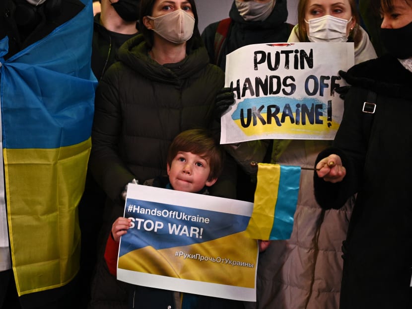 A child holds a slogan that reads “stop war” during a protest against Russia's actions in Ukraine during a rally at Shibuya district in Tokyo, Japan on Feb 24, 2022. A child holds a slogan that reads “stop war” during a protest against Russia's actions in Ukraine during a rally at Shibuya district in Tokyo, Japan on Feb 24, 2022.