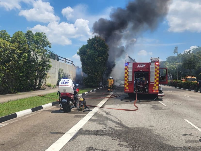 SCDF had been alerted to the burning truck at around 11.50am and had extinguished the fire using a water jet. SCDF had been alerted to the burning truck at around 11.50am and had extinguished the fire using a water jet.