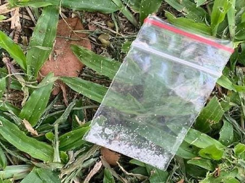 Small packet of Ice found on grass patch, in CNB raid on a unit at Fajar Road on Sept 11, 2019.