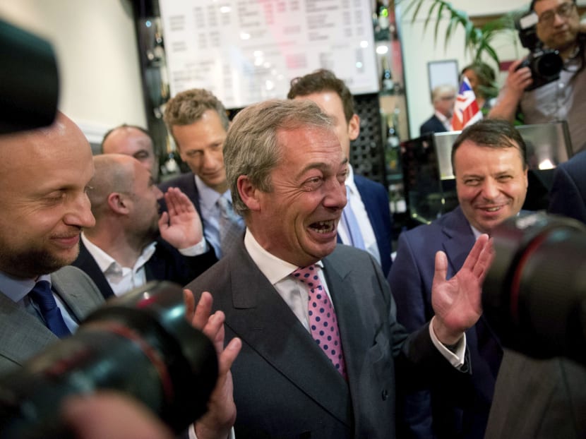 Nigel Farage, the leader of the UK Independence Party reacts in celebration at a "Leave.EU" organization party for the British European Union membership referendum in London, Friday, June 24, 2016. Photo: AP