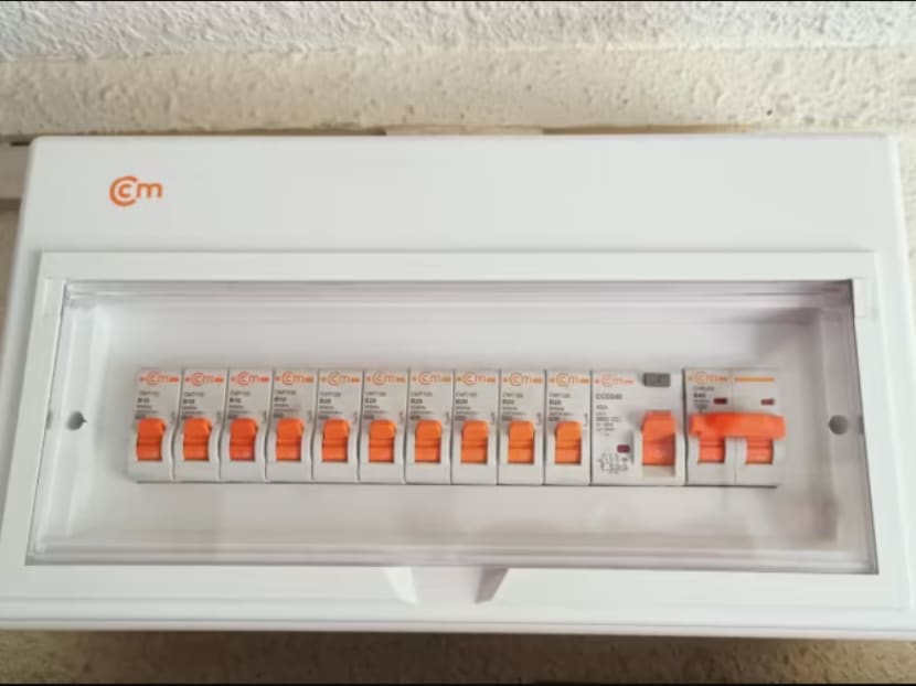 An electrical distribution board box with a residual current circuit breaker. 