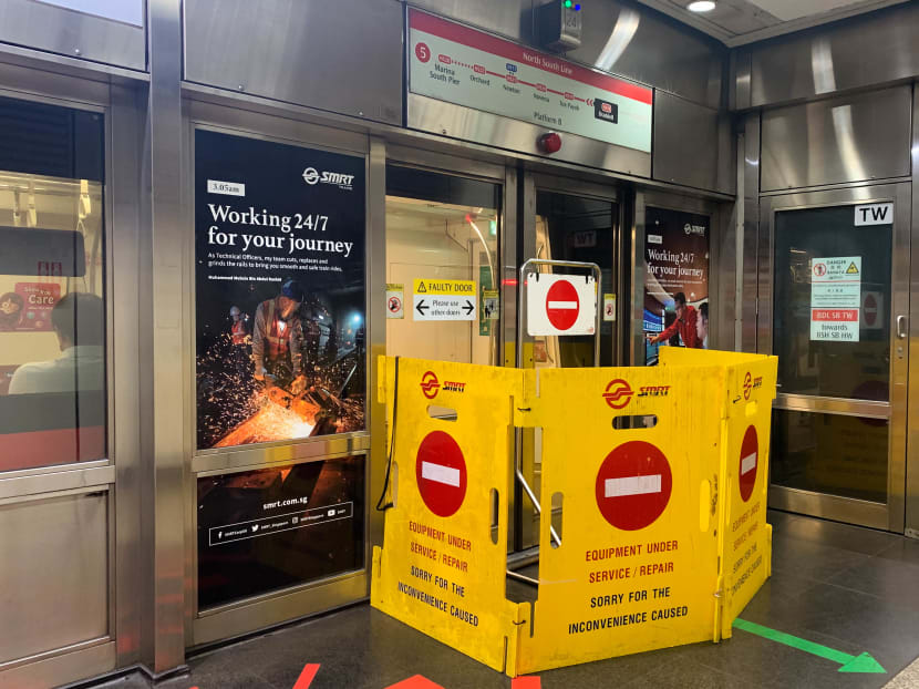A faulty platform screen door being cordoned off at Braddell MRT Station at 7.15pm on March 3, 2021.