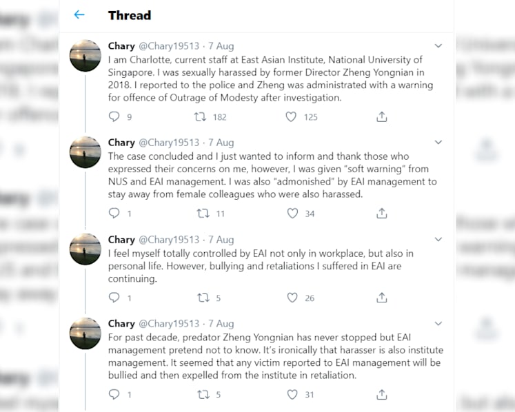 NUS’ East Asian Institute looking into allegations by staff member that she was bullied for reporting case of sexual harassment