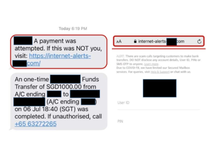 Scam victims would receive an SMS message (left) allegedly sent by their bank informing them of payment attempts detected from their bank account, which would then lead them to a phishing website (right).