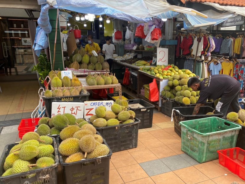 Durians being sold at fruit stall Hong Heng Fruit Trading in Toa Payoh on June 17, 2022. Durians being sold at fruit stall Hong Heng Fruit Trading in Toa Payoh on June 17, 2022.