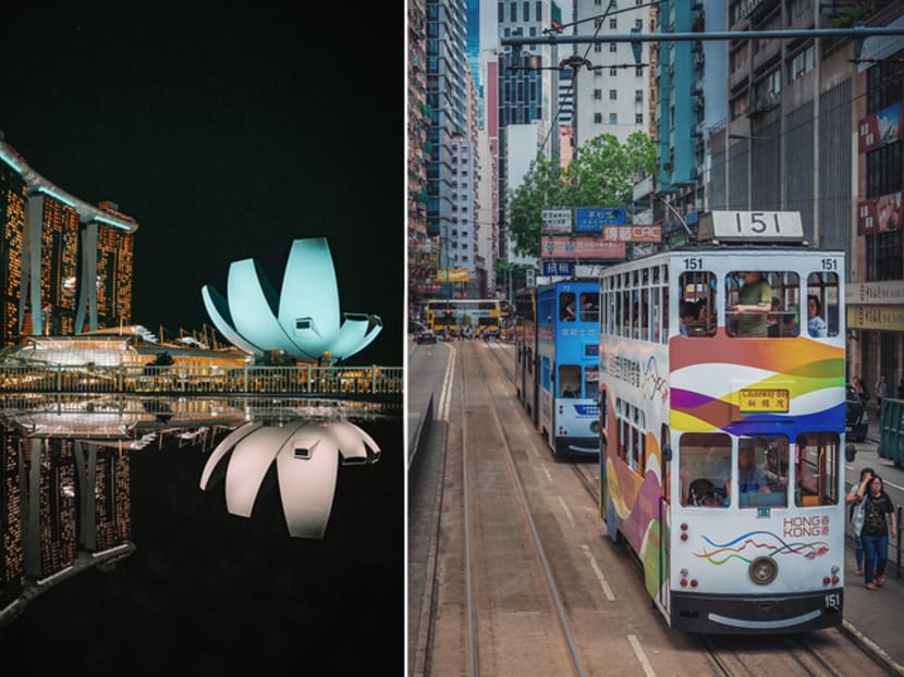 Streetscapes in Singapore (left) and Hong Kong (right). The proposed air travel bubble between the two cities will be reviewed in early July 2021.