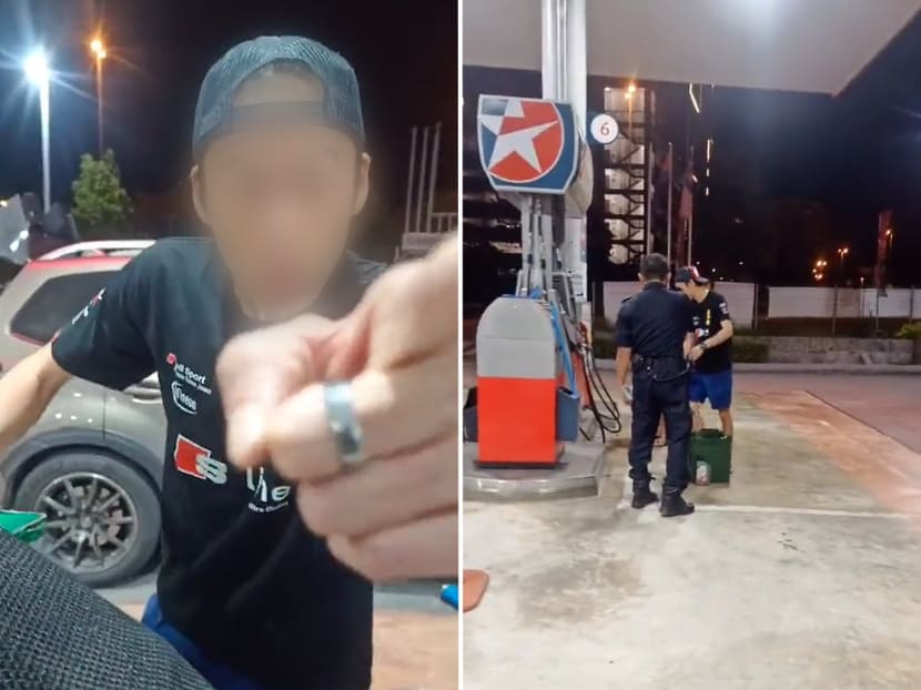 Screenshots from a TikTok video in which a Malaysian food delivery rider confronts two Singaporeans for allegedly filling up a jerrycan with petrol. Screenshots from a TikTok video in which a Malaysian food delivery rider confronts two Singaporeans for allegedly filling up a jerrycan with petrol.