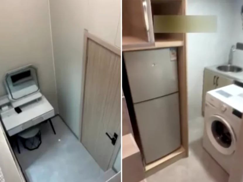 Screenshots from a Weibo video showing some of the amenities provided in a micro apartment in Shanghai, China. Screenshots from a Weibo video showing some of the amenities provided in a micro apartment in Shanghai, China.