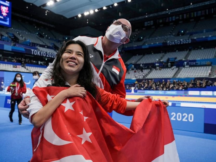 Singapore's Paralympic gold medallist Yip Pin Xiu celebrating after the women's 100m backstroke swimming event during the Tokyo Paralympic Games on Aug 25, 2021. Singapore's Paralympic gold medallist Yip Pin Xiu celebrating after the women's 100m backstroke swimming event during the Tokyo Paralympic Games on Aug 25, 2021.