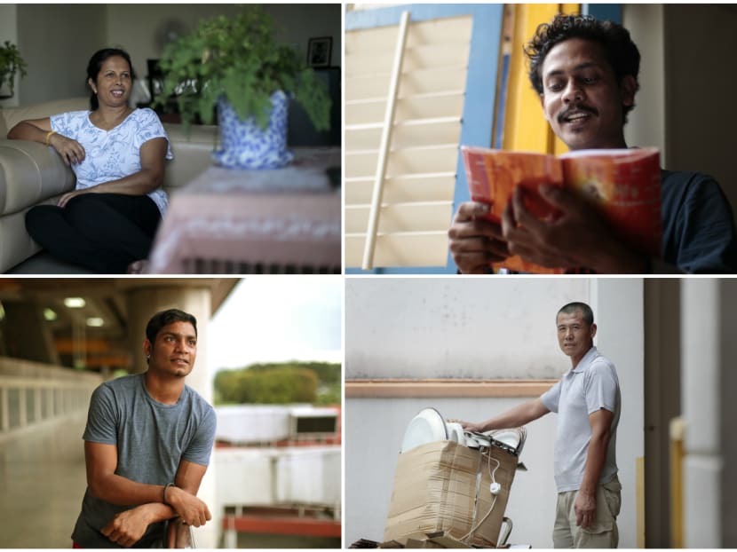 From different countries, men and women, who have come to Singapore to find work. From top left (clockwise): Sri Lankan domestic helper Ratnayake Mudiyanselage Rupa Ranjanee, Bangladeshi construction worker Mohd Zahirul Islam, Chinese migrant worker Mao Xue Ying, Indian work permit holder Vijayabalu Pandiyan. Photos: Jason Quah