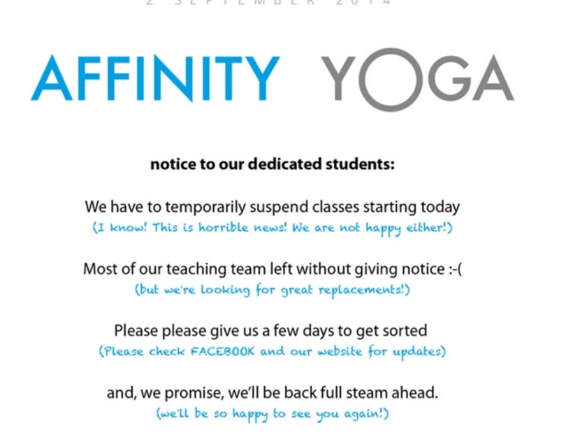 Notice posted on Affinity Yoga's website.