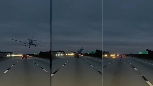 美国飞机高速公路迫降撞上轿车 司机惊险生还