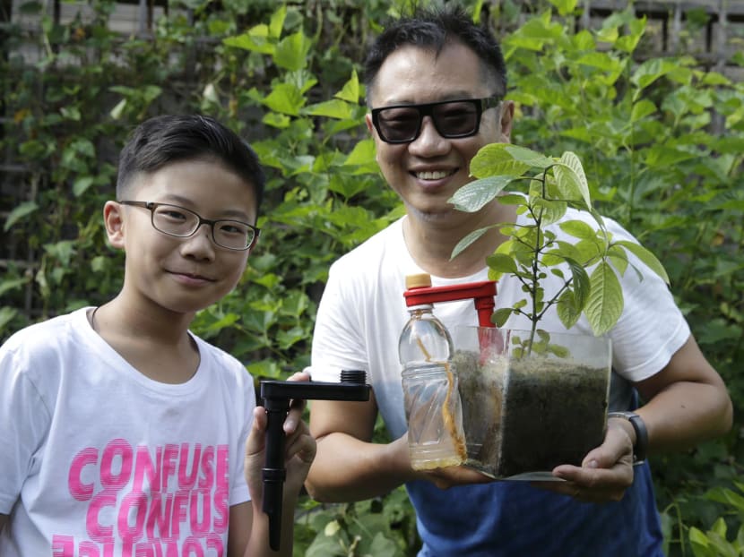 Calvin Soh (right) and Dylan Soh with the GIY stick. Photo: Wee Teck Hian/TODAY