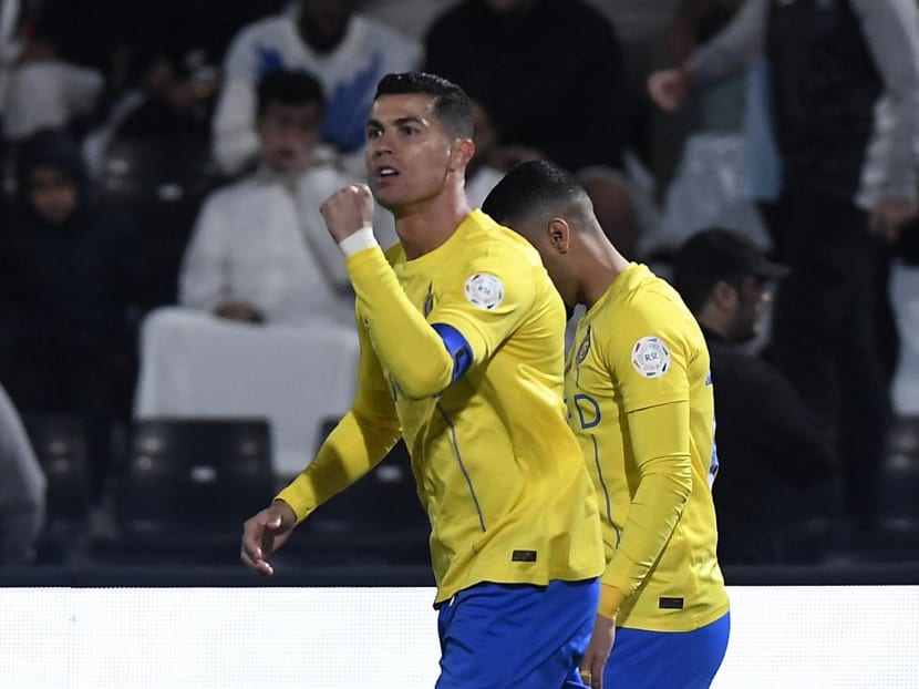 Al Nassr's Cristiano Ronaldo celebrates scoring their first goal at the Prince Faisal bin Fahd Stadium, Riyadh, Saudi Arabia on Feb 25,2024.