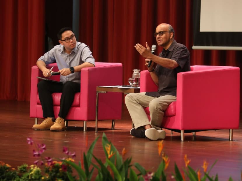 Presidential hopeful Tharman Shanmugaratnam (right) at a dialogue session during the final session of OnePeople.sg's Harmony Works! Conference (HWC) held in ITE College East on July 22, 2023. 