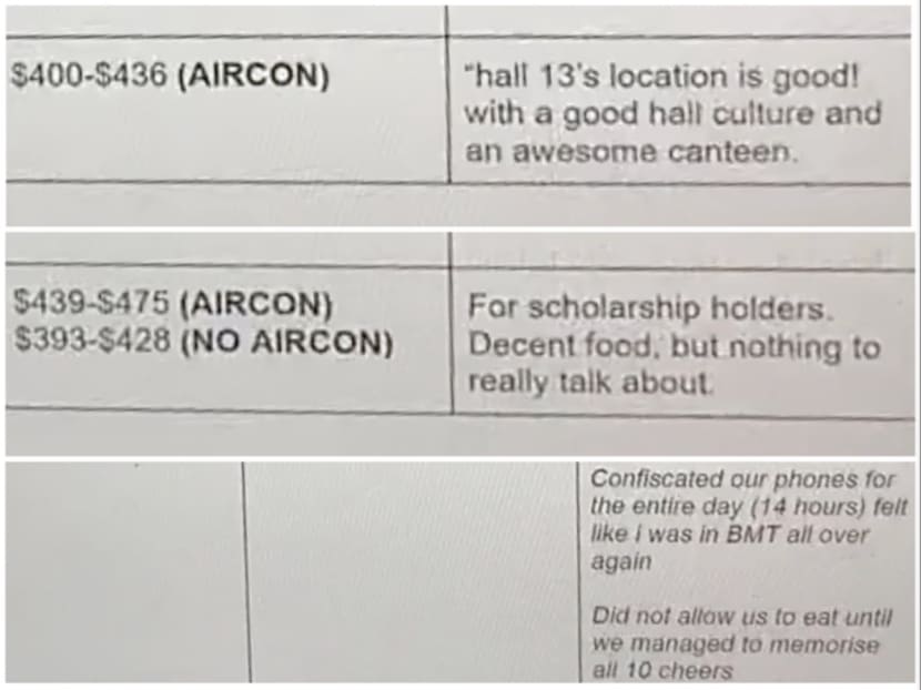 Screenshots from a TikTok video showing a compilation of online comments gathered by Miss Jaime Aw on hostels at the Nanyang Technological University.