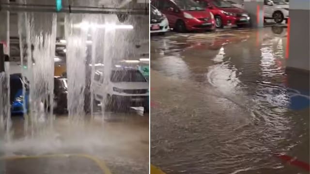 大雨导致榜鹅淹水 地下停车场惊现瀑布水帘