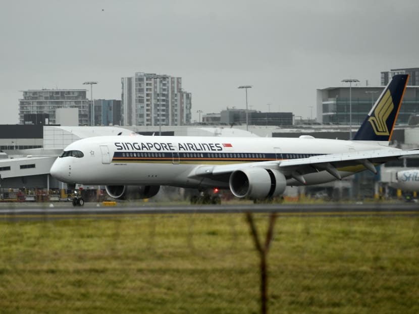A Singapore Airlines on the tarmac after landing at Sydney International airport.