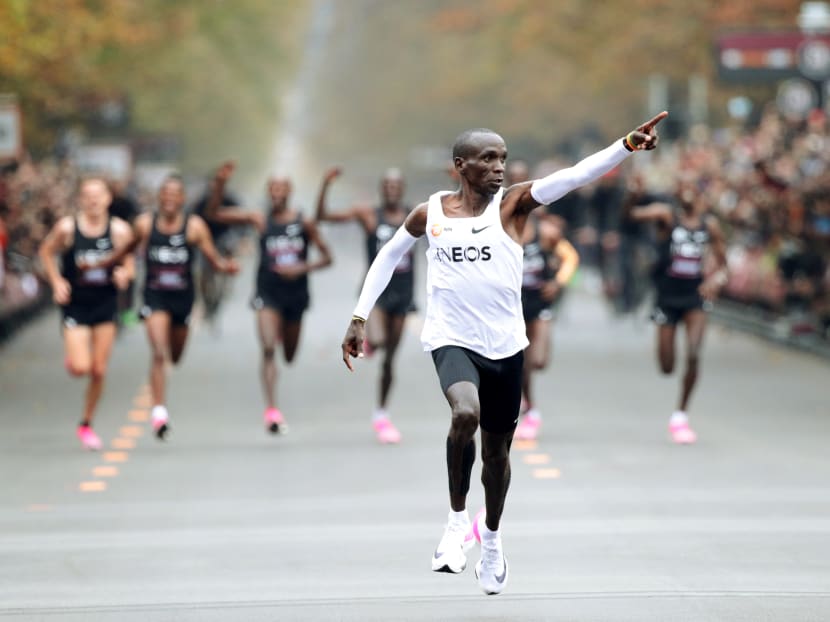Kenya's Eliud Kipchoge, the marathon world record holder, crosses the finish line during his attempt to run a marathon in under two hours in Vienna, Austria, Oct 12, 2019. Kenya's Eliud Kipchoge, the marathon world record holder, crosses the finish line during his attempt to run a marathon in under two hours in Vienna, Austria, Oct 12, 2019.