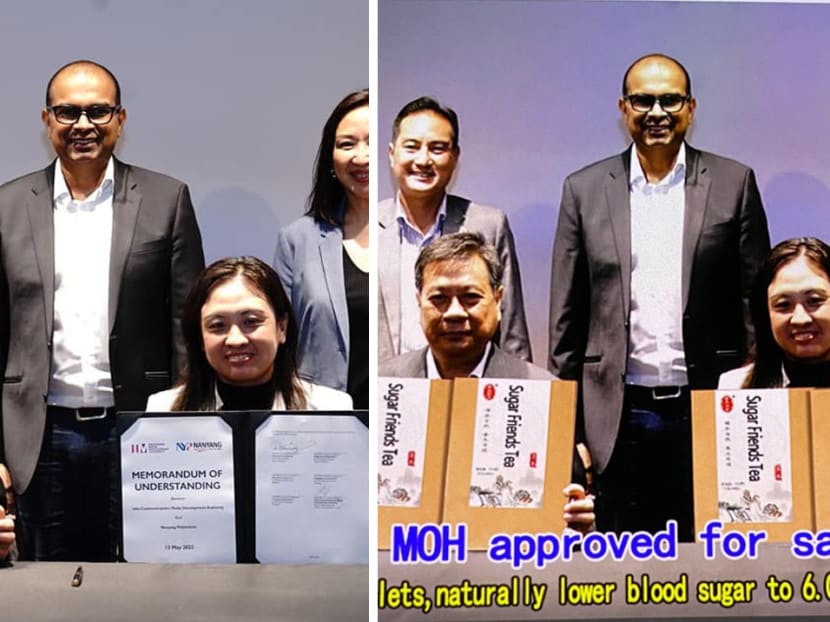 The original image (left) originated from a Memorandum of Understanding signing ceremony in May. But advertisers had altered the photo and replaced the documents with boxes of tea. The original image (left) originated from a Memorandum of Understanding signing ceremony in May. But advertisers had altered the photo and replaced the documents with boxes of tea.