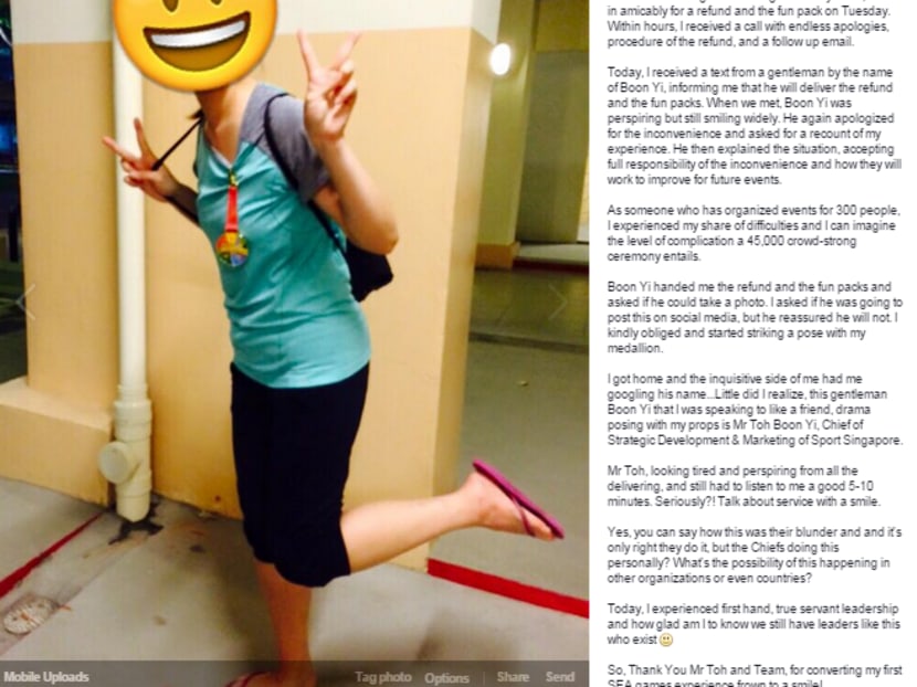 Clarice Teo said Singapore SEA Games Organising Committee’s (SINGSOC) chief of community and corporate outreach Toh Boon Yi had personally delivered a SEA Games closing-ceremony fun pack and ticket refund. Photo: Clarice Teo/Facebook