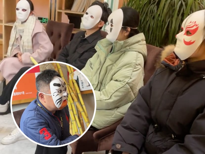 Screenshots from a viral Douyin video in which job applicants as well as their interviewer (circled insert) wear costume masks fully covering their face.