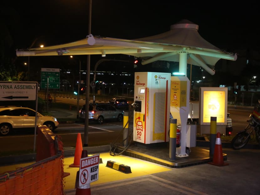 An electric car charging point at a Shell petrol station along Yishun Street 11.