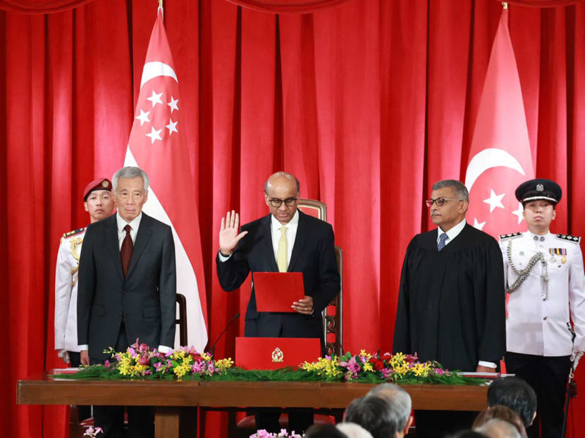 Mr Tharman Shanmugaratnam being sworn in as Singapore's ninth President on Sept 14, 2023 at the Istana. Mr Tharman Shanmugaratnam being sworn in as Singapore's ninth President on Sept 14, 2023 at the Istana.