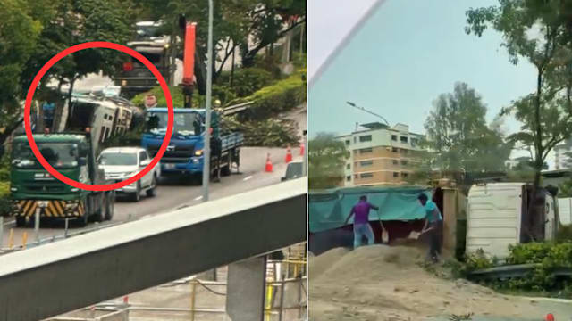 运沙卡车疑自行打滑 高速公路上翻覆阻碍交通