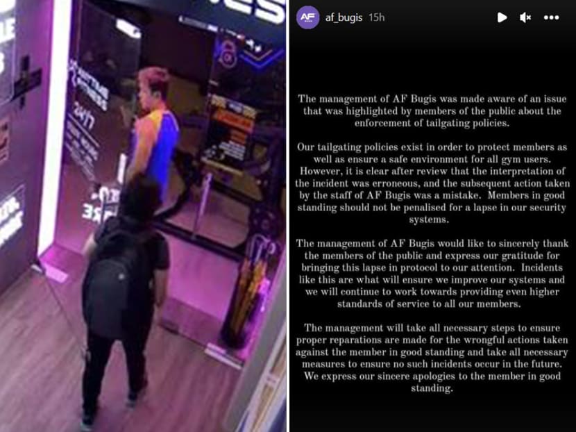 Anytime Fitness Bugis' management released a statement (right) to apologise for fining a member when an unidentified person followed him into the gym without tapping a key fob (left).