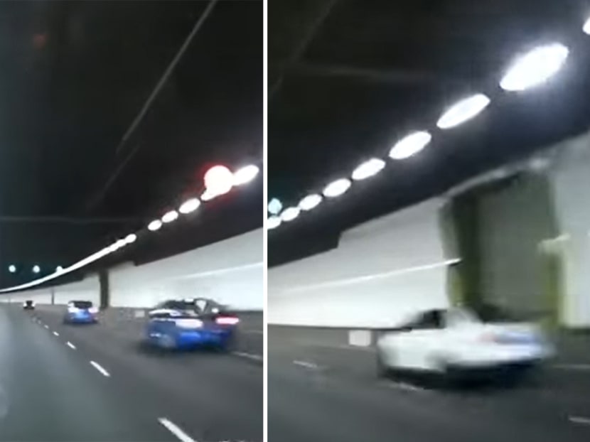 Yeo Jing Cheng's white Volkswagen Jetta (right) speeding on the KPE on May 16, 2020, at a time when the circuit breaker restrictions on activities and movement were in place. Other vehicles in the convoy are pictured in the left-hand image.