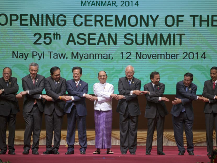 Leaders of Association of Southeast Asian Nations (ASEAN) pose for a group photo during the opening ceremony of the 25th ASEAN summit at Myanmar International Convention Center in Naypyitaw, Myanmar, Wednesday, Nov 12, 2014. Photo: AP Leaders of Association of Southeast Asian Nations (ASEAN) pose for a group photo during the opening ceremony of the 25th ASEAN summit at Myanmar International Convention Center in Naypyitaw, Myanmar, Wednesday, Nov 12, 2014. Photo: AP