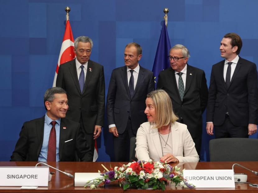 Officials at the signing ceremony for the EUSFTA, ESPCA and EUSIPA last October.