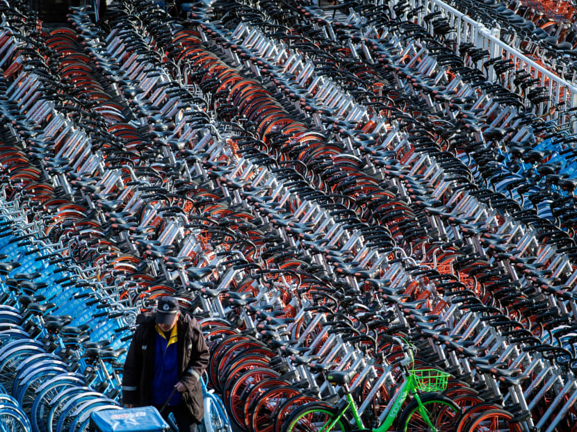 This picture taken on March 1, 2017 shows impounded bicycles from the bike-sharing schemes Mobike and Ofo in Shanghai. Photo: AFP