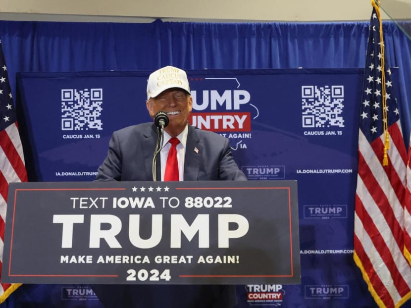 Former US President and Republican presidential candidate Donald Trump campaigns in Indianola, Iowa, US on Jan 14, 2024. 