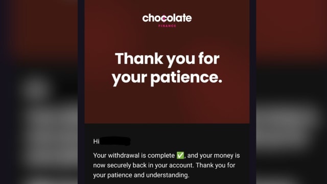 Chocolate Finance用户反映 已陆续完成提款  