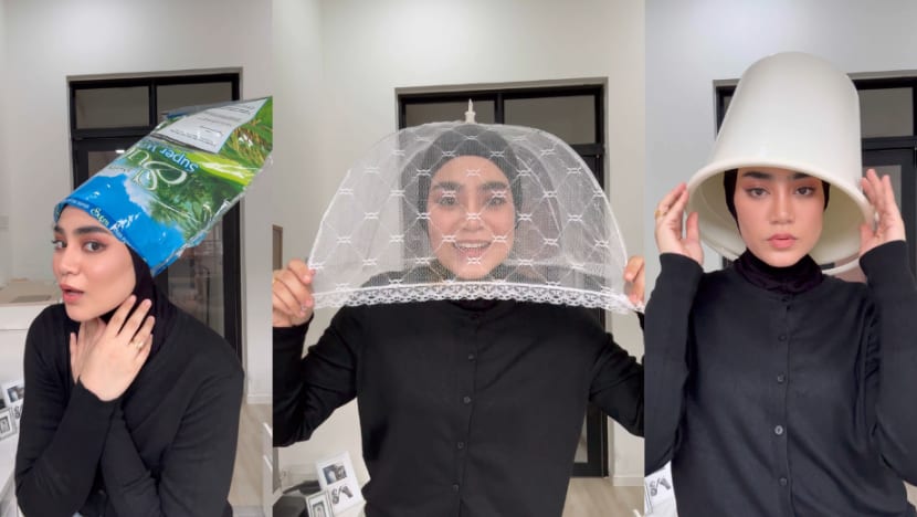 Sentuhan kreatif pelakon Malaysia Uyaina Arshad; baldi, plastik beras jadi fesyen tudung